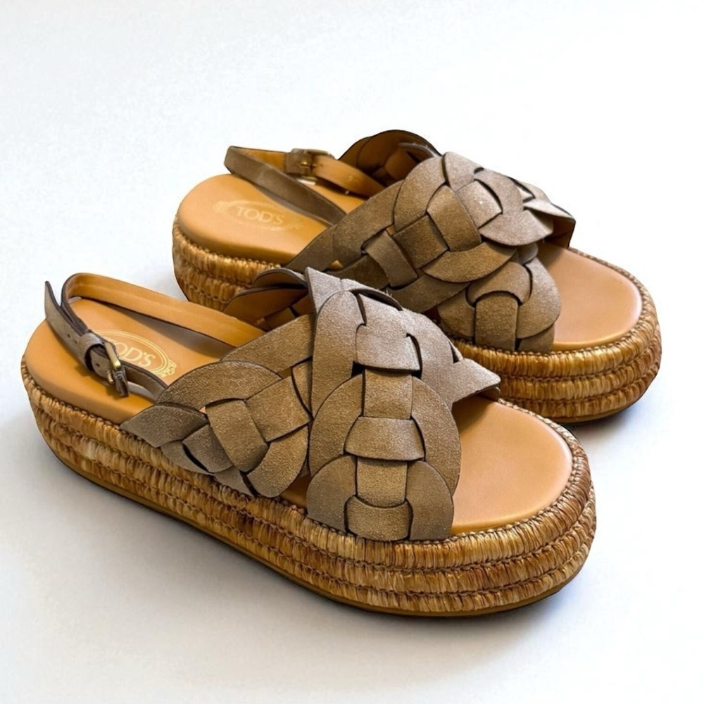 TOD'S Zeppa Raffia 72K Espadrille Platform Sandals Tan‎ Suede Leather Size 37 7